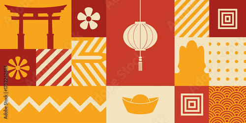 Festive Geometric Pattern Celebrating Chinese New Year with Traditional Elements and Bold Colors for Cultural Events and Celebrations
