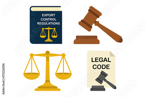 International trade regulations and export compliance concepts illustrating legal and governance aspects featuring export control book gavel and scales