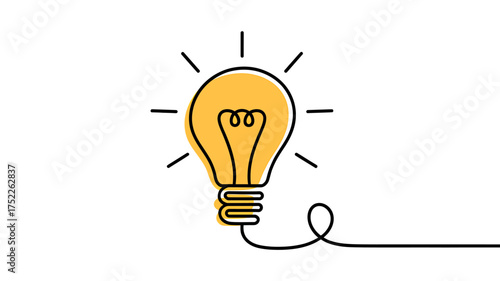 Isolated yellow light bulb drawing on white background representing new ideas brainstorming and innovative thinking for solutions and problem solving in business