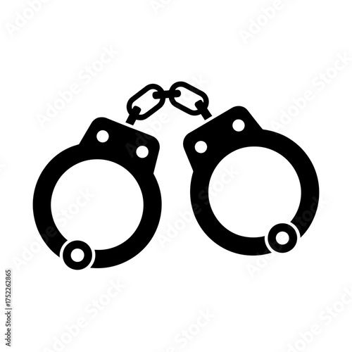 Black Handcuffs on White Background representing Justice System and Law Enforcement with Chains and Circular Design Elements