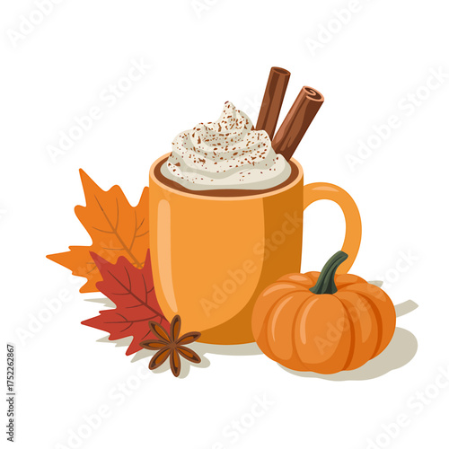Autumnal Delights Pumpkin Spice Latte with Cinnamon Sticks and Festive Leaves Vector Illustration Perfect for Fall Promotions