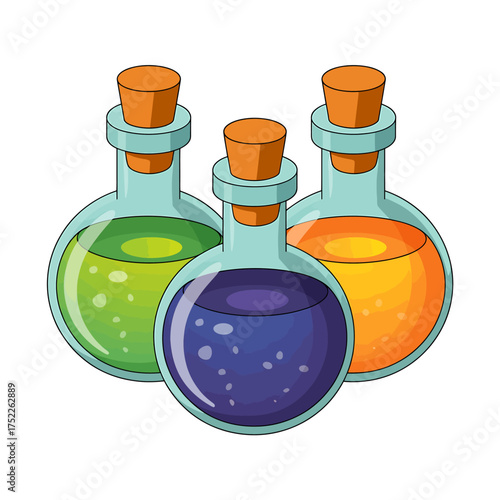 Three Cartoon Magic Potion Bottles with Colorful Liquids and Cork Stoppers on a White Background for Fantasy or Halloween Concepts