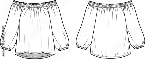 Off shoulder blouse illustration, technical fashion flat, women apparel design, elastic neckline, puff sleeves, curved hem, casual wear, stylish top