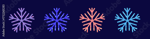 Four geometric snowflakes in purple-blue, coral-blue tones, a winter holiday decoration on a dark blue background. Vector graphics