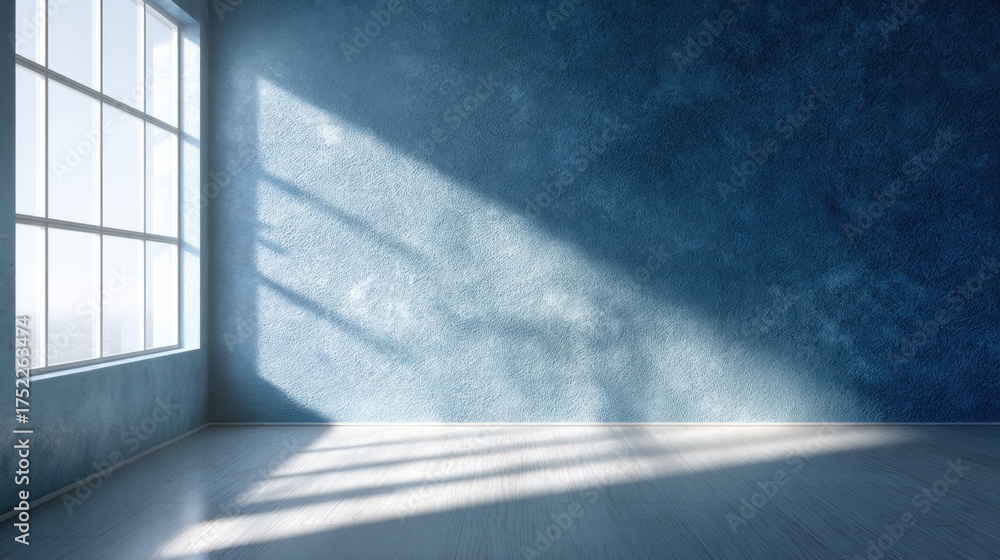 Fototapeta premium Empty room with large window and sunlight casting shadows on blue wall and wooden floor. Modern interior design for decoration.
