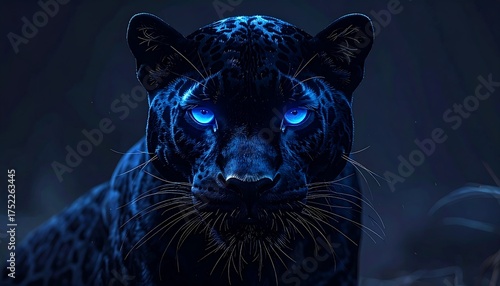 A majestic black panther emerges from the shadows. Intense blue eyes pierce the darkness, captivating the viewer