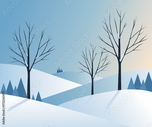Vector illustration of winter landscape with hills, fir trees and bare trees.