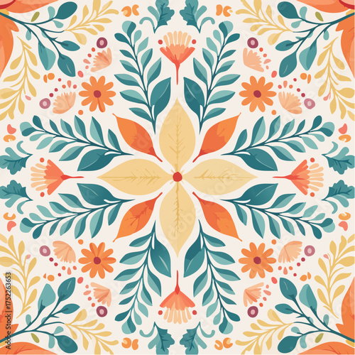 Seamless pattern of floral elements with orange accents