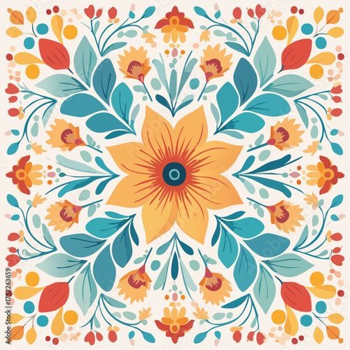 Floral pattern with colorful blossoms and leaves
