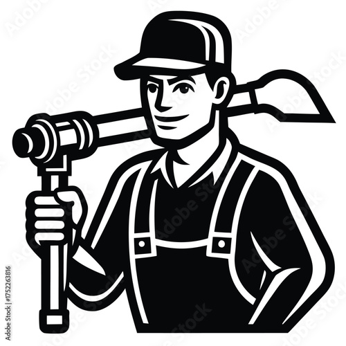 Plumber with Pipe Wrench and Plunger Icon Black and White Keywords: plumber, worker, tradesman, handyman