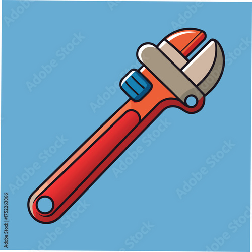 Red and Grey Adjustable Pipe Wrench on Blue Background Keywords: pipe wrench, adjustable wrench, tool