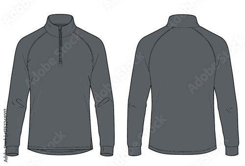 Pullover illustration, technical fashion flat, long sleeve design, raglan construction, high collar, partial zipper, fitted cuffs, casual athletic apparel