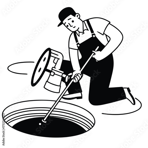 Worker in Overalls Using a Drain Cleaning Rod in a Manhole Opening Keywords: worker, man, overalls, cap