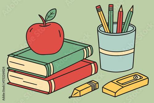 Charming back to school still life with vintage books, apple, pencils and eraser for educational projects, learning resources and design inspiration
