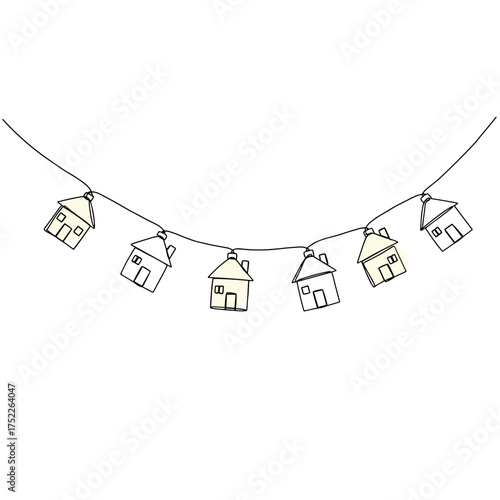 String of lights shaped like tiny houses for festive decoration  