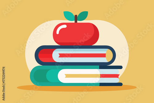 Charming back to school illustration with books and red apple, perfect for education and design projects, conveying knowledge, learning, and creativity