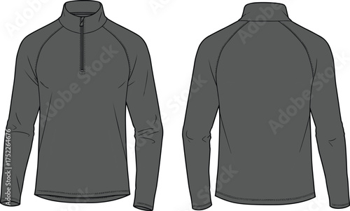 Pullover illustration, technical fashion flat, long sleeve design, raglan construction, high collar, short zipper, casual wear, athletic apparel