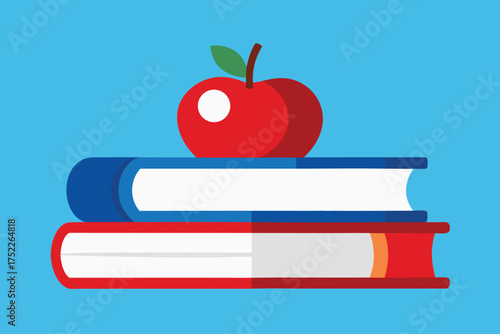 Back to school supplies with a red apple on top of colorful books against blue backdrop symbolizing learning, education, and knowledge acquisition