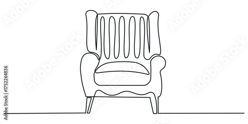 Single line drawing of a Modern Boho Chair with copy space and editable stroke, Armchair furniture continuous one line drawing. Single line art illustration of cozy armchair. Editable vector.