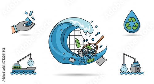 Illustration set of ocean pollution with plastic waste, including bottles, bags, and debris being collected