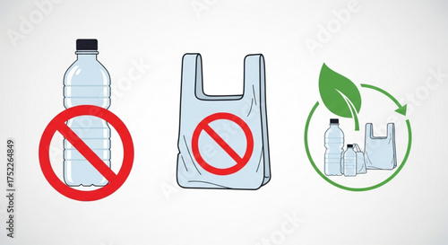 Illustration of plastic ban and ecofriendly practices, featuring no plastic bottles, plastic bag ban, and recycling symbols