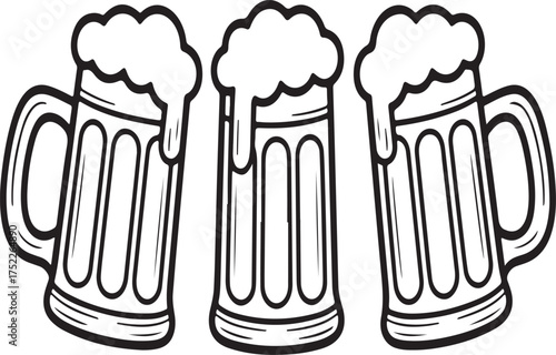 Three frothy beer mugs with handles drink beverage