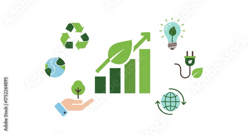 Green energy concept with renewable resources, including solar panels, wind turbines, and recycling symbols