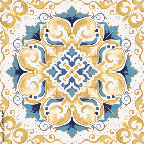 Seamless pattern of ornate blue and gold swirls