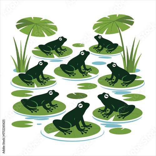 Seven Green Frogs on Lily Pads Vector Illustration
