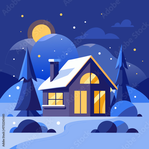 Minimalist vector house in snowy winter landscape at night with moon and stars