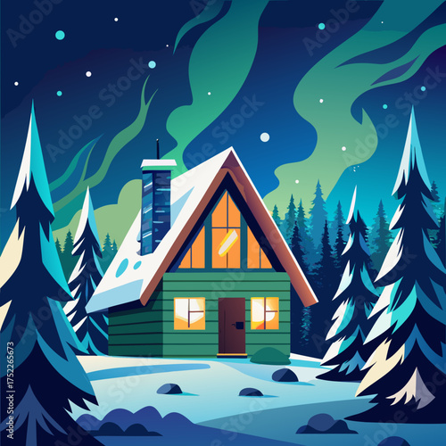 Charming scandinavian wooden house cozy winter cabin night northern lights illustration