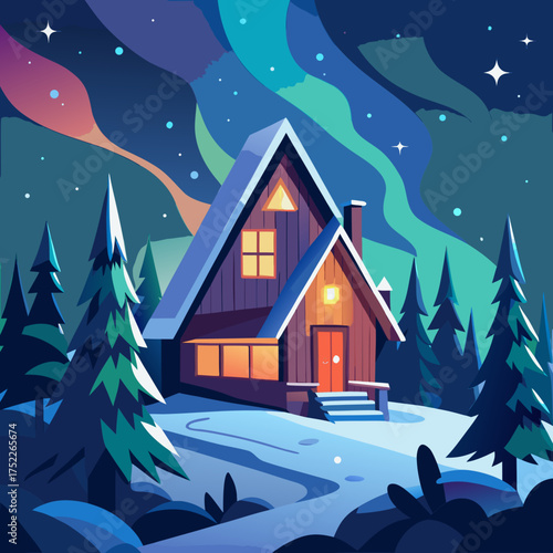 Charming scandinavian wooden house illustration with sloped roof under aurora borealis sky
