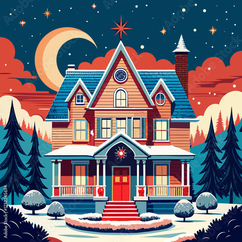 Charming victorian house illustration festive snowy winter night scene vector art