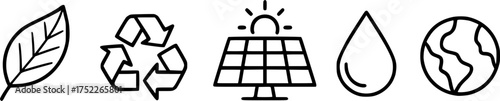 Black and white minimalist icons of eco lifestyle including leaf, recycle, solar panel, water drop, and earth symbol in clean line art.