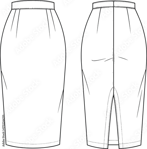 Technical fashion flat sketch of elegant midi pencil skirt with pleated waistband, back zipper closure, and center back vent