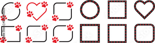 Pet Paw Frame Set, Cute Dog Cat Footprint Shapes, Decorative Animal Border, Scrapbook and Print Template, Rounded Paw Vector Frames