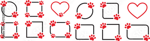 Pet Footprint Frame Set, Dog and Cat Paw Love Symbols, Adopted Pet Memorial, Cute Animal Steps, Pet Remembrance Vector