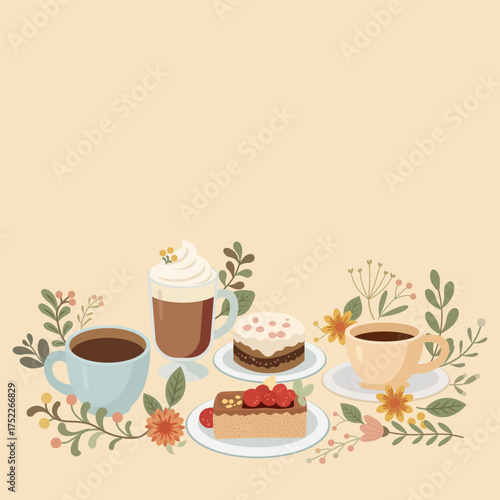 Cup of coffee and sweets. Cozy Coffee and Dessert Time. A warm, inviting illustration featuring coffee cups, delicious desserts, and delicate floral accents arranged on a soft pink background