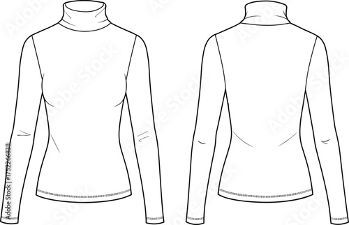 Turtleneck top illustration, technical fashion flat, long sleeve design, fitted silhouette, high neckline, women apparel, casual wear, garment construction