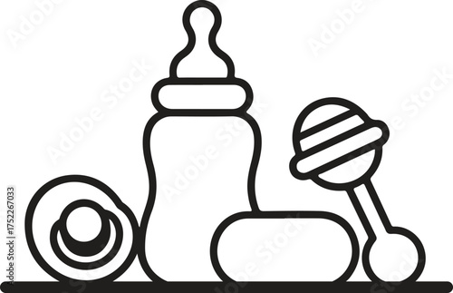 Baby essentials icon set featuring bottle rattle and pacifier