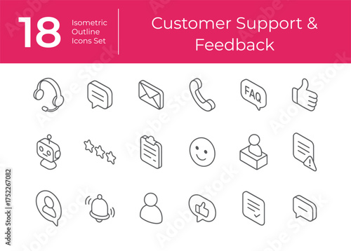 Isometric Customer Support and Feedback Outline Icon Set Minimalist Vector Icons for Online Service and E-commerce Assistance