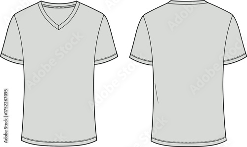 V neck T shirt illustration, technical fashion flat, short sleeve design, plain casual top, clean lines, everyday wear, garment construction