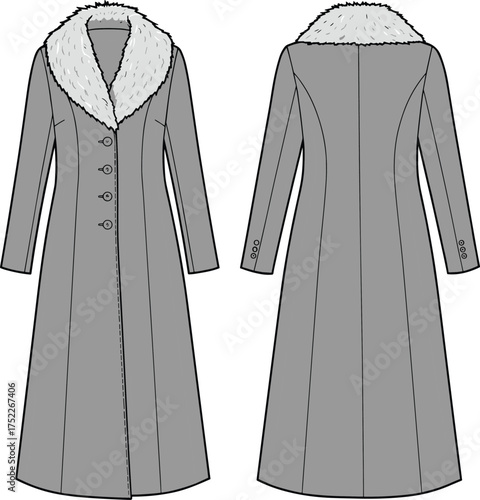 Women coat illustration, technical fashion flat, long fitted design, fur collar, princess seams, button closure, tailored silhouette, winter outerwear
