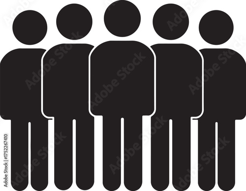 Black Icon of Five People Silhouettes Standing in a Row on a White Background group