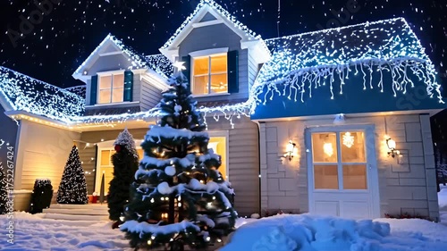 Christmas decorated houses on the street of a small European town. Christmas lights and wreaths create a warm, festive glow along this European street.