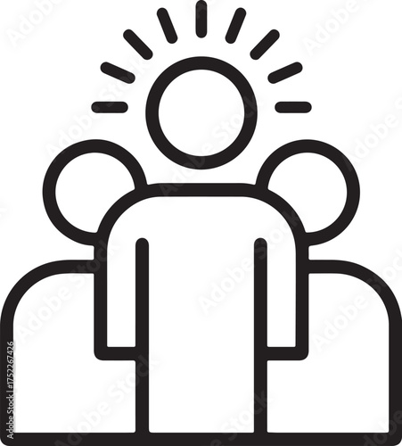 Black and White Outline Icon of Three People with Radiant Lines Above Central Figure group community