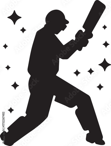 Black silhouette of a cricket player batting with sparkling stars on a white background batsman