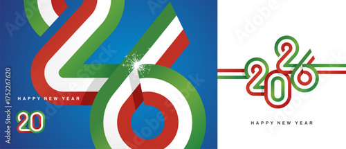 Happy New Year 2026. A combination of small and large typography in the shape of a Italy ribbon for year 2026. Abstract green white red ribbon flag with sparkling fireworks on blue white background
