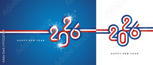 New Year 2026 flag ribbon typography lettering. Abstract blue white red flag of France in the shape of 2026 logo with sparkle firework isolated on white and blue background