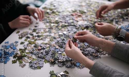Family Spends Time Together As Female Hands Assemble A Puzzle On A Table